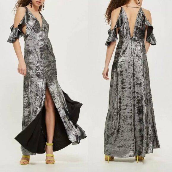 NWT TopShop Cold Shoulder Silver Metallic Foil Maxi Dress Size 2 - Picture 2 of 8